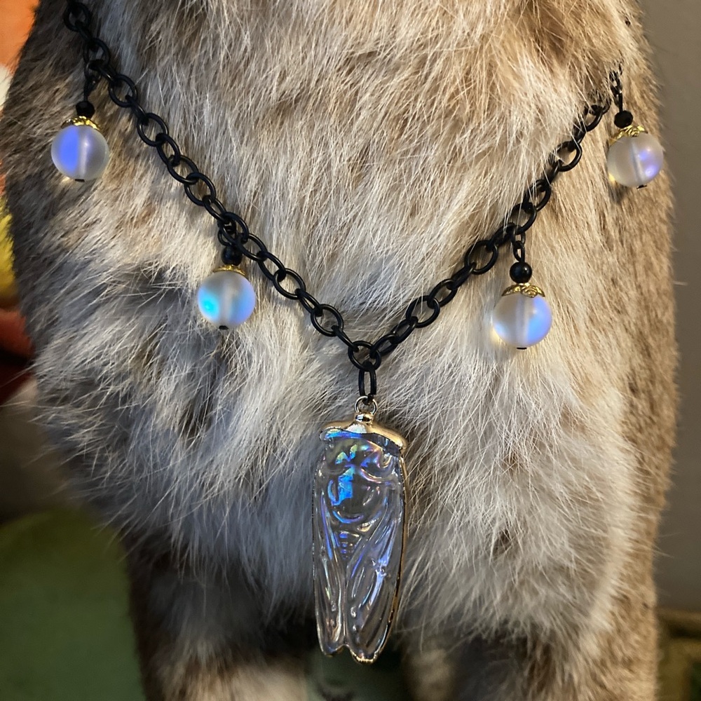 Iridescent Cicada Pendant Necklace with Frosted Beads - Black Chain